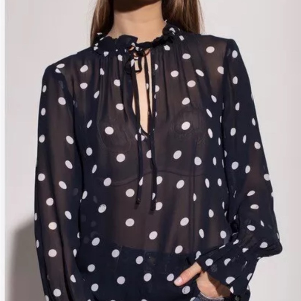 Ganni polkadot navy blouse